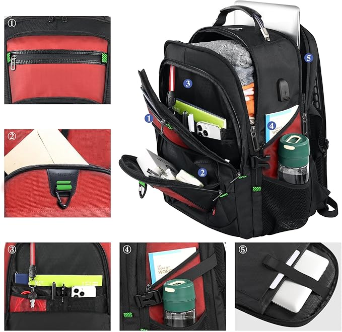Z-MGKISS 18.4-19 Inch Extra Large Laptop Backpack, Travel Backpack for Men & Women, School Rucksack Bag with USB Charging Port and Multiple Compartments, Business Work College Daypack, Red
