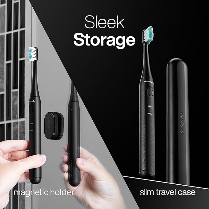Aquasonic Icon ADA-Accepted Rechargeable Toothbrush | Magnetic Holder & Slim Travel Case | 2 Brushing Modes & Smart Timers | Gentle Micro-Vibrations(Onyx)