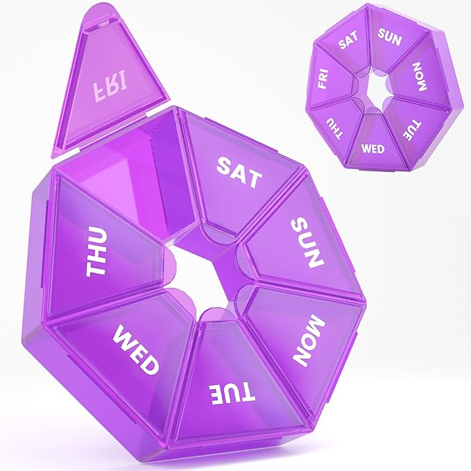 Weekly Pill Organizer, 2 Pack Portable Pill Box Medicine case 6 Colors (Seven Day) New Edition for Vitamin/Fish Oil/Pills/Supplements-Arthritis Friendly (Purple)