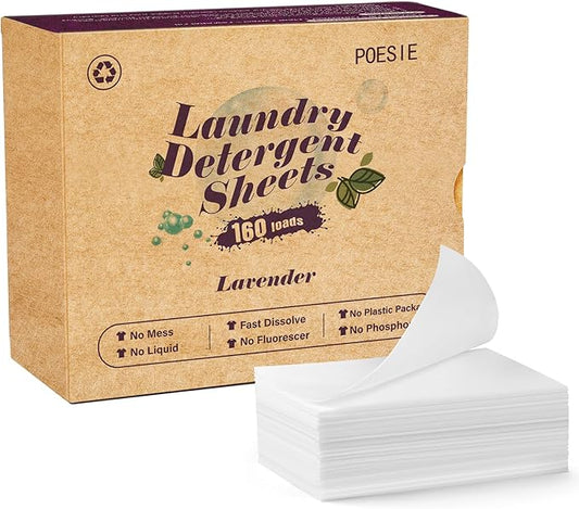 Poesie Laundry Detergent Sheets Lavender Scent 160 Sheets 80 Large Loads Soap Sheets Eco-Friendly Zero Plastic Hypoallergenic Portable Green Package Liquid Less HE Washing Detergent Strips for Save Place Traveling No Waste