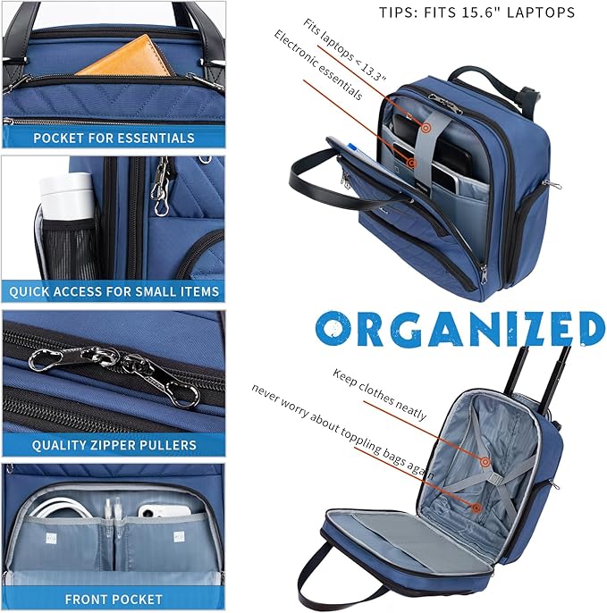 KROSER Carry On Underseat Multi-functional, 16-inch Underseater Lightweight Overnight Suitcase for Women, Haze Blue