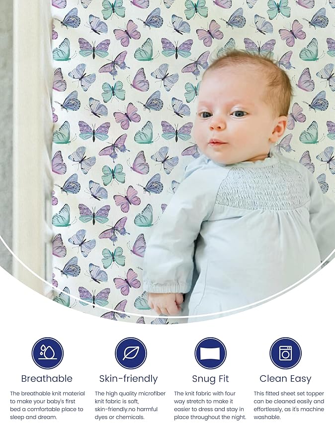 TotAha Soft Crib Sheets Girl-Hypoallergenic, Silky Comfort, Buttery Soft, Calming Effect, Premium All-Season Jersey-Knit Sheets, 9'' Extra Deep Pocket, Purple Butterfly