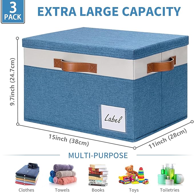GhvyenntteS Fabric Storage Bins with Lids (3 Pack), Large Closet Storage Baskets with Lid and 3 PU Handles, Foldable Fabric Storage Boxes with Label Window for Home Office (Blue, 15" x 11" x 9.7")