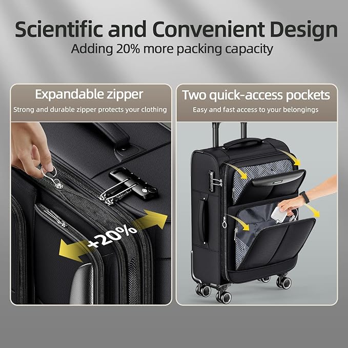 SHOWKOO Luggage Sets 3 Piece Softside Expandable Lightweight Durable Suitcase Sets Double Spinner Wheels TSA Lock Black (20in/24in/28in)
