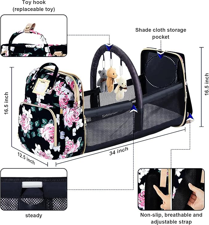 Diaper Bag Backpack Waterproof Baby Bag Large Capacity Multifunction Nappy Bags Floral Insulated Durable Travel Maternity Back Pack with Changing Station for Baby （Black）
