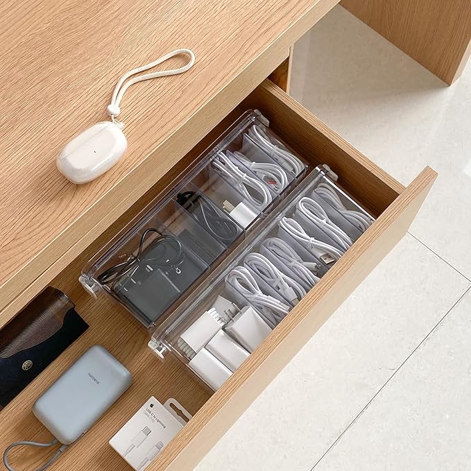 Yesesion 4 Pack Clear Cable Storage Box for Desk Drawer, Plastic Cord Organizer with Lid for Wire Ties, Electronics Accessories, Phone Charger, Art Crafts, Pencils, Marker Pen, Crayons Holder