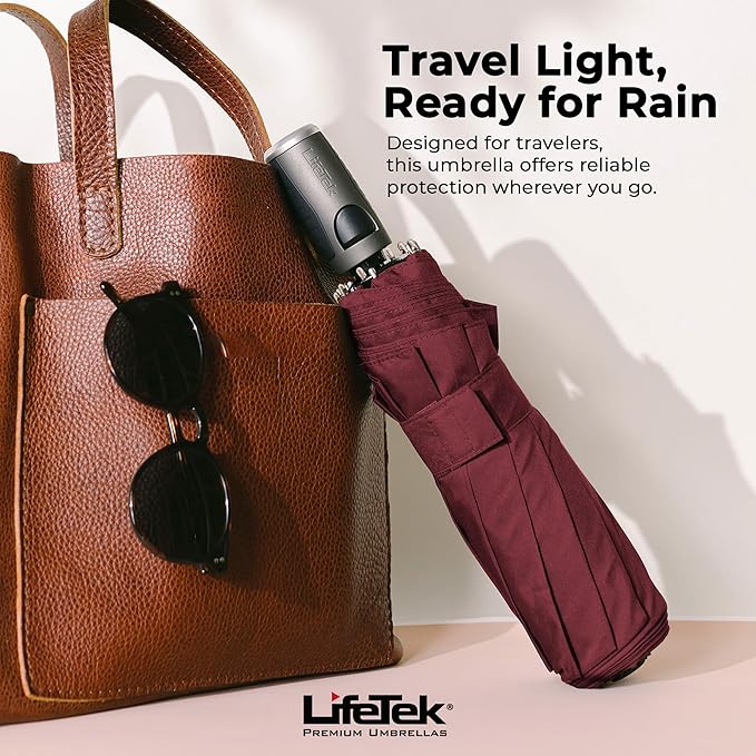 LifeTek Premium Travel Umbrella - Windproof & Compact for Men & Women, Automatic Open Close, Fits in Purse Laptop Bag or Backpack, Strong Frame for Heavy Rain & Sun UV Protection