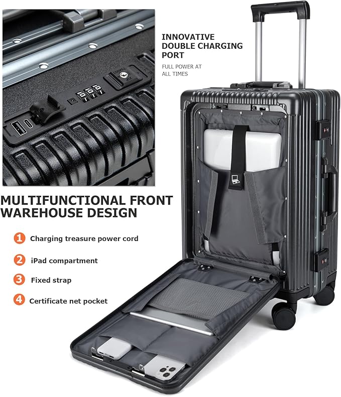 feilario 20in Aluminium Frame PC Hard Shell Spinner Wheels Luggage, Built-In TSA lock Carry on Suitcase, with Cup Holder, USB Port, Phone Holder