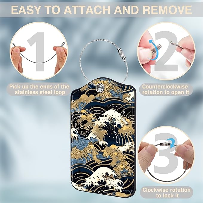 Japanese Art Blue and White Waves Set of 2 Luggage Tags for Suitcases Leather Suitcase Tags Identifiers with Privacy Name Label and Stainless Steel Loop for Women Men Travel Luggage Accessories