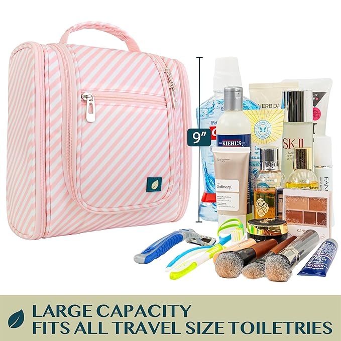 PAVILIA Toiletry Bag Travel Bag for Women Men, Hanging Cosmetic Organizer, Water Resistant Makeup Bag for Accessories Toiletries, Large Travel Essentials Kit (Pink Stripe)