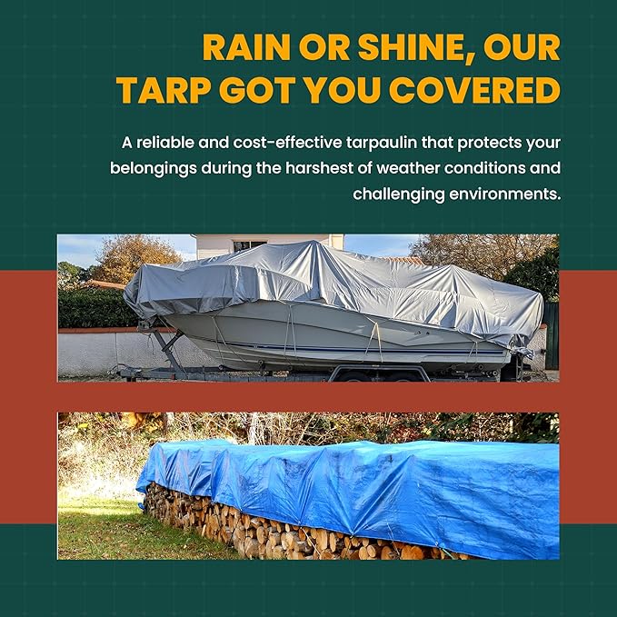 Large Waterproof Tarp - Heavy Duty 10 Mil Thick Poly Tarpaulin Ideal for Canopy Tents, Boats, RV or Pool Covers - Multipurpose Protective Tarps with Grommets for Indoor, Outdoor Use | 10' x 20' 2 Pack