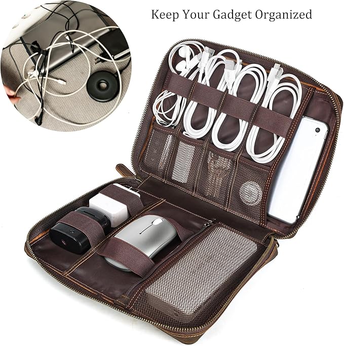 Polare Full Grain Leather Travel Cable Organizer Case Electronics Accessories Carry Bag with YKK Zippers Tech Storage Bag for Cables, Power Bank, USB, SD Card, Travel Essentials