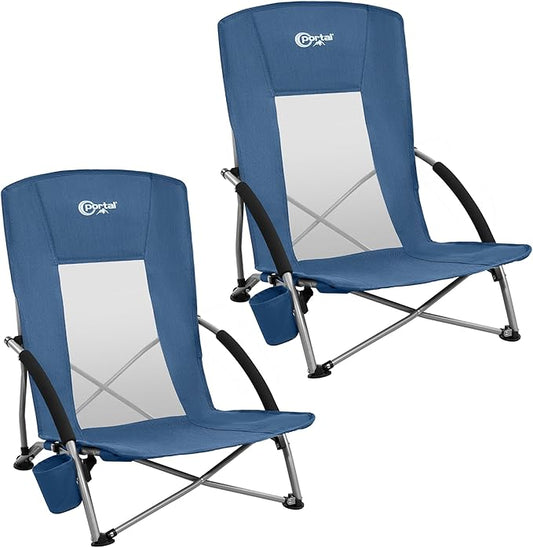 PORTAL Beach Chairs for Adults Camping Low Lightweight Portable Chair with Cup Holder Mesh Back Carry Bag for Outdoor Sand Lawn Travel Picnic Festival Concert, 350LBS