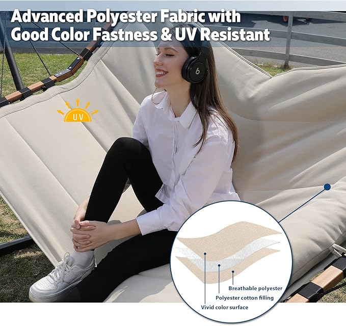TegerDeger 12FT 2 Person Hammock with Stand Included 55 x 79IN Large Hammock 450LB Capacity with Hardwood Spreader Bar & Nylon Rope for Outside, Patio, Garden, Backyard, Beach, Poolside - Beige