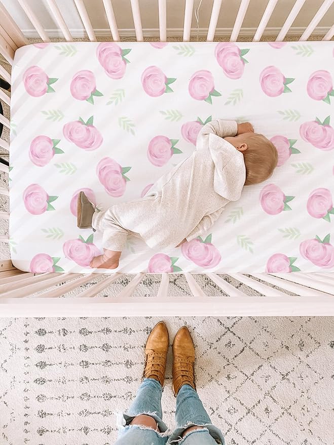 TotAha Premium Stretchy Crib Sheets (2-Pack)-Hypoallergenic, Silky Comfort, Buttery Soft, Calming Effect, All-Season Jersey-Knit Sheets, 9'' Extra Deep Pocket (Pink Buds & Green Leaves)