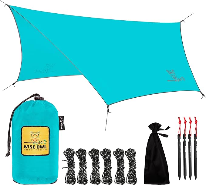 Wise Owl Outfitters Hammock Rain Fly – Waterproof Camping Tarp Cover with Tent Stakes & Carry Bag, Ultralight Shelter for Backpacking & Outdoor Shade