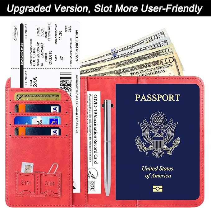 Passport Holder Cover Wallet Travel Essentials Leather Rfid Blocking Case Vacation Luggage Must Haves Travel Accessories for Men Women (116#Red)