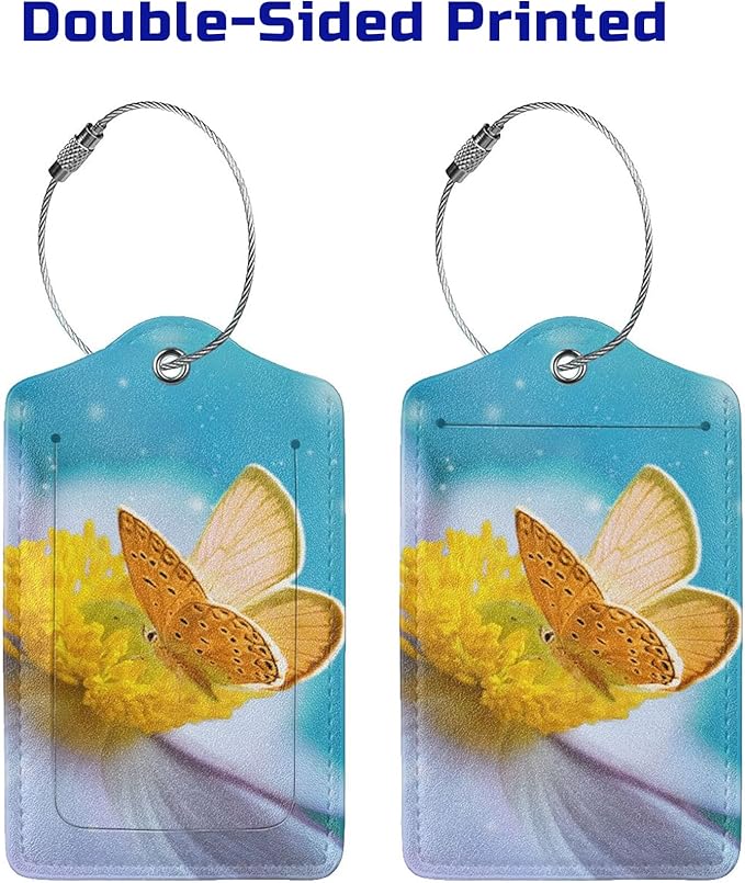 2 Pack Beautiful Sky Blue Luggage Tags for Suitcases, Pretty Yellow Butterfly on White Flower Pattern Unique Leather Suitcase Tags Identifiers with Privacy Name Address Labels for Women Girls Travel