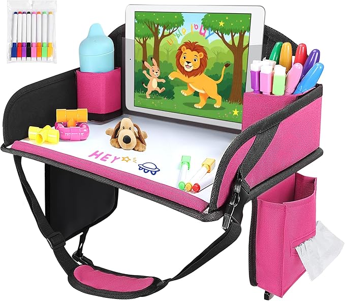 Kids Travel Tray for Airplane - Toddler Car Seat Table Tray, Road Trip Essentials for Boys & Girls, Carseat Lap Desk for Kids Road Trip Activities (Pink)