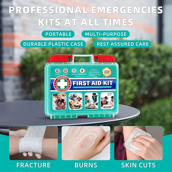 225 Pieces Portable First Aid Kit for Minor Wound Care, Includes Adhesive Bandages, Wound Gauze Pads, Ideal for Home, Car & On-The-Go