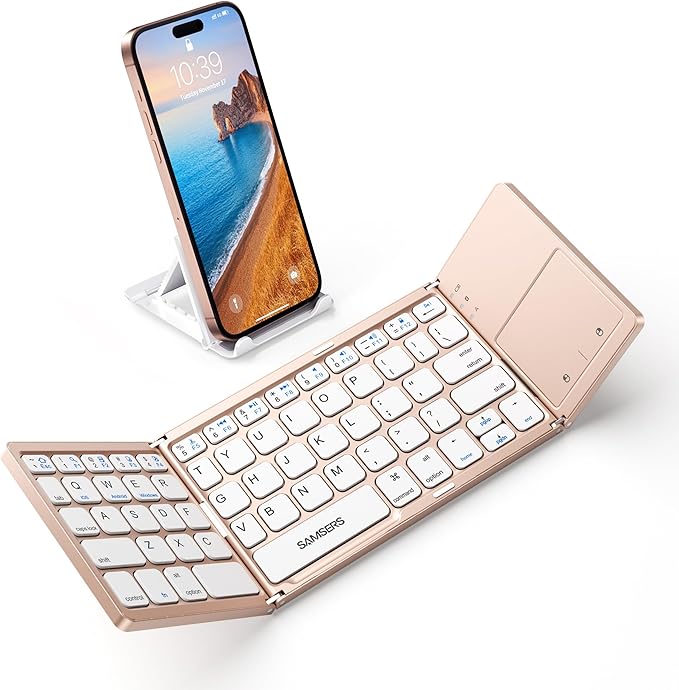 Samsers Foldable Bluetooth Keyboard with Touchpad - Portable Wireless Keyboard with Holder, Rechargeable Full Size Ultra Slim Pocket Folding Keyboards for Android Windows iOS Tablet & Laptop - Pink