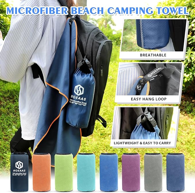 HOEAAS 2 Pack Microfiber Camping Towels, Quick Dry Towel, Super Absorbent Ultra Compact Travel Towel Soft Lightweight Sports Towel for Sweat Fast Drying Towels for Pool,Gym,Hiking,Backpacking,Fitness