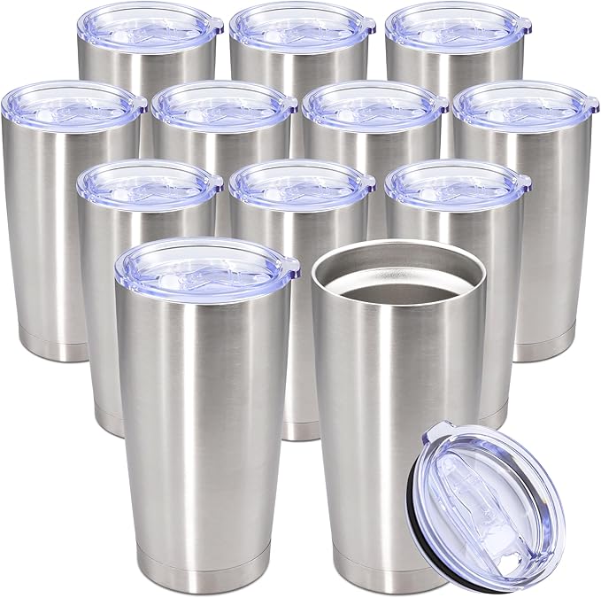 20oz Tumbler Bulk Stainless Steel Tumbler Cup with Lid Vacuum Insulated Double Wall Travel Mug, Durable Powder Coated Travel Coffee Tumbler Mug for Hot & Cold Drinks, Stainless Steel,12 Pack