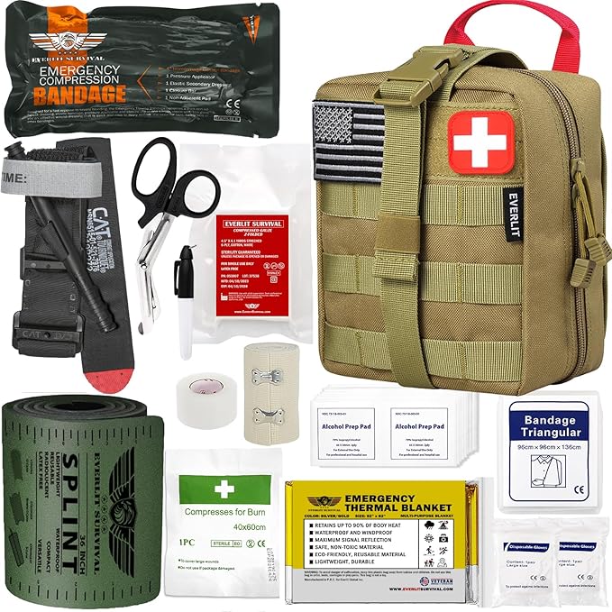 EVERLIT Emergency Trauma Kit, CAT GEN-7 Tourniquet 36" Splint, Military Combat Tactical IFAK for First Aid Response, Critical Wounds, Severe Bleeding Control (Tan)