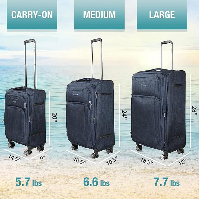 Cantor Ultra Lightweight Softside Luggage with Spinner Wheels, Set of 3, Expandable Suitcase with Retractable Handle and ID Tag, and Interlocking Zippers with TSA Lock