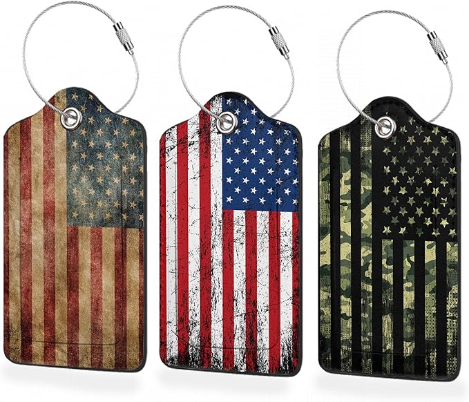 3 Pack Luggage Tag for Suitcase,American Flag USA Flag Leather Luggage Tags with Privacy Cover Name ID Label Identifiers Travel Bag Tags for Women Men Boys Girls
