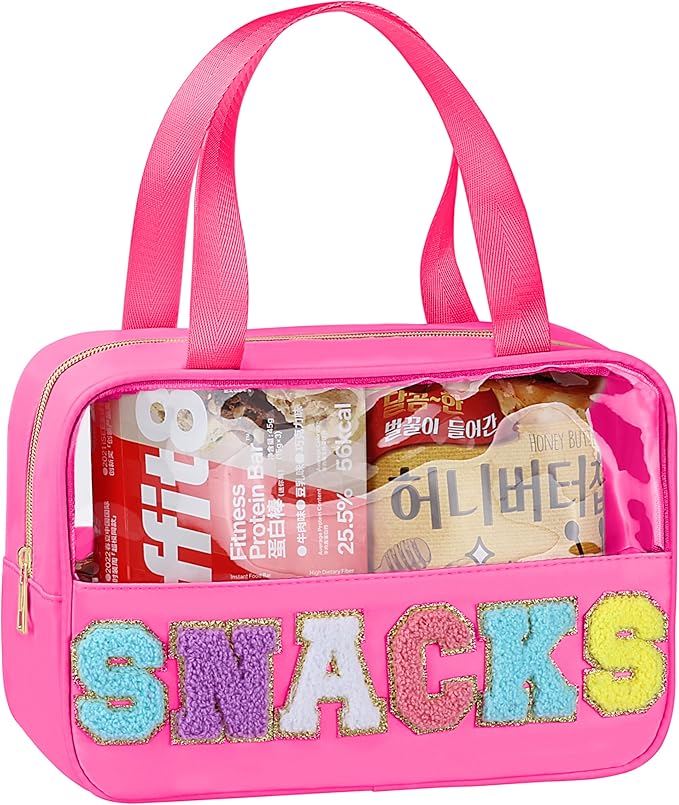 Snack Bag for Travel - Chenille Letter Clear Makeup Bag, Large Preppy Patch Snack Cosmetic Bag with Handle and Zipper, Cute Makeup Pouch Nylon&PVC Waterproof Toiletry Organizer Storage for Women Girls