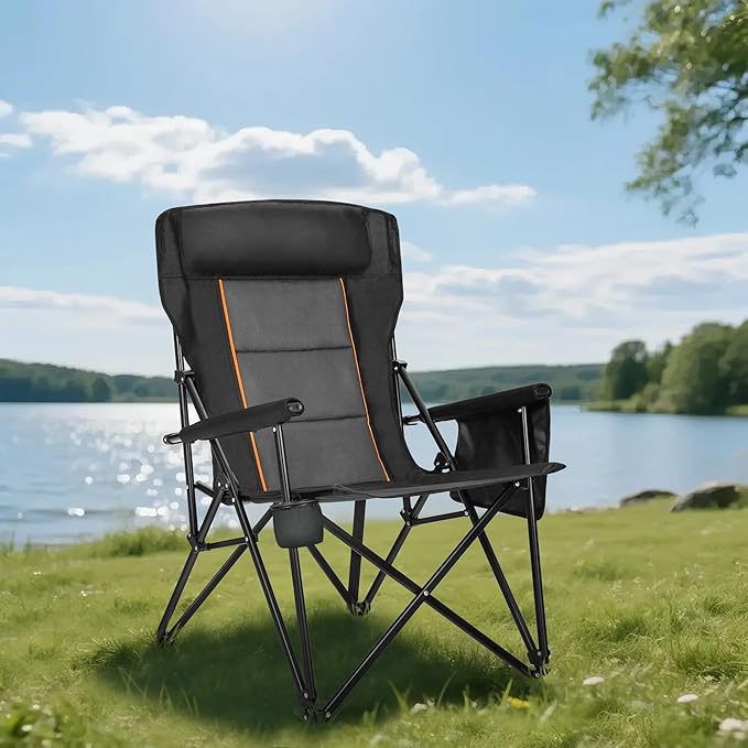 HIGH POINT SPORTS Oversized Folding Camping Chairs for Adults, High Backrest Heavy Duty Lawn Chairs Support 500 LBS Portable Collapsible Camp Chairs with Cup Holders,Side Pocket, Black