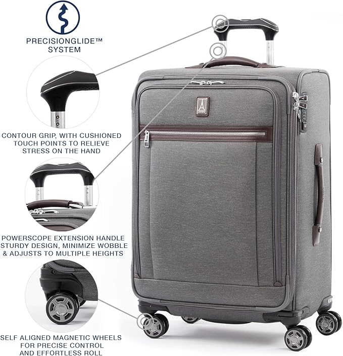 Travelpro Platinum Elite Softside Expandable Checked Luggage, 8 Wheel Spinner Suitcase, TSA Lock, Men and Women, Vintage Grey, Checked Medium 25-Inch