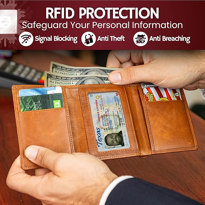 BULL GUARD Trifold Wallet with RFID For Men, Genuine Leather - Card and Cash Holder for Outdoors, Professionals