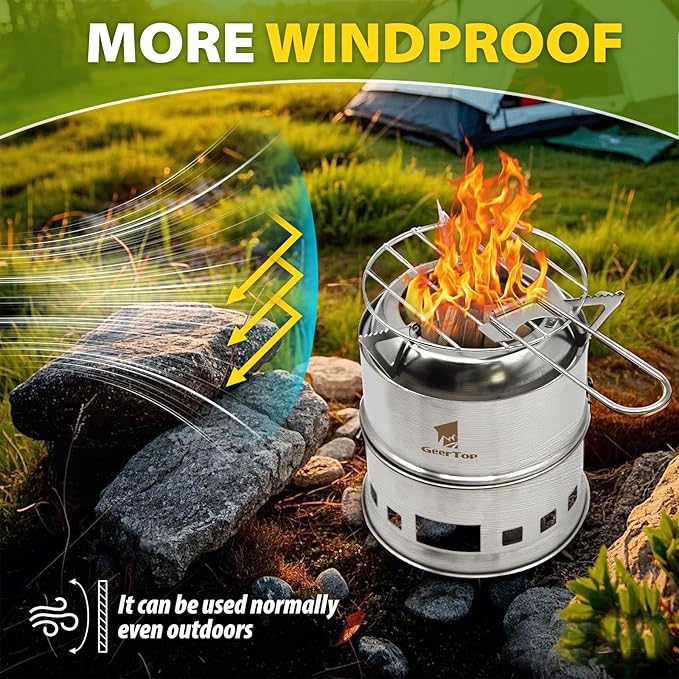 GEERTOP Portable Small Camping Stove with Fuel Canister Adapter Isobutane Ultralight Mini Stainless Steel Wood Burning Backpacking Stove Kit for Outdoor Hiking Emergency Cooking