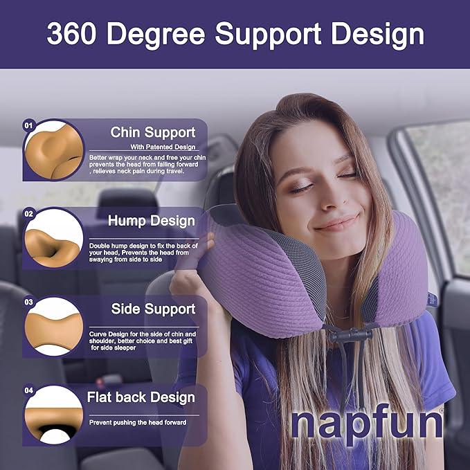 napfun Neck Pillow for Traveling, Upgraded Travel Neck Pillow for Airplane 100% Pure Memory Foam Travel Pillow for Flight Headrest Sleep, Portable Plane Accessories, Striped Light Purple Set