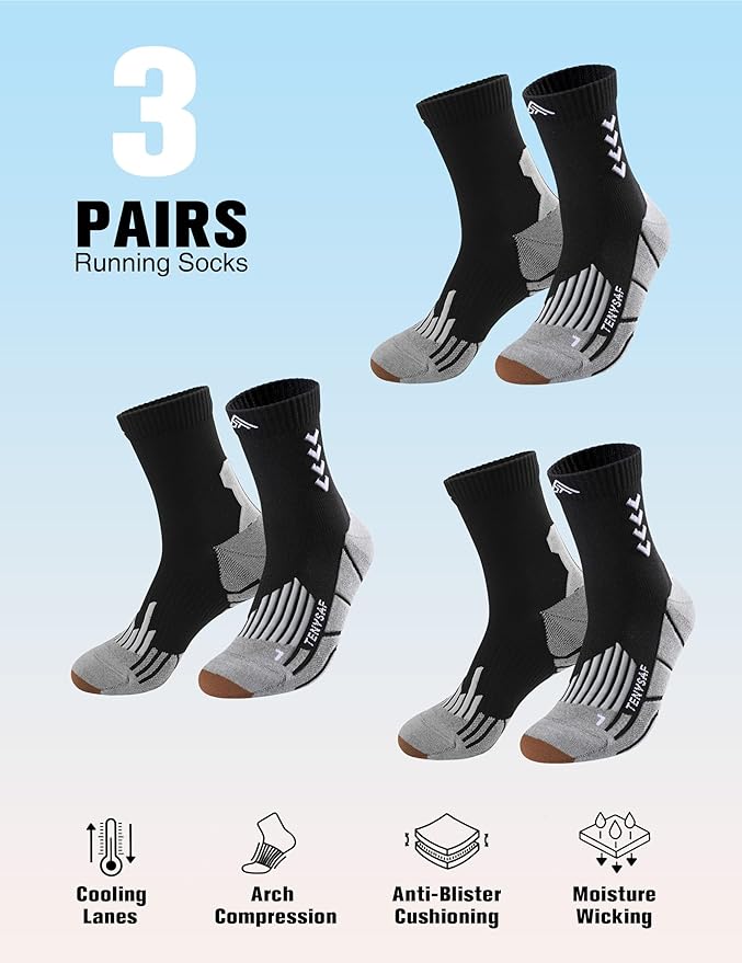 Compression Crew Running Socks: Athletic Socks for Men Women with Cushion,3 Pairs Work Hiking Basketball Sport Socks