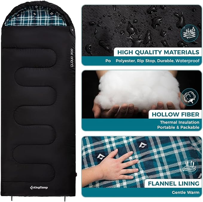 KingCamp Sleeping Bag for Adults, Cold Weather & Warm XL Big and Tall Flannel Sleeping Bags with Compression Sack Portable Waterproof Essentials Gear Accessories for Outdoor Camping