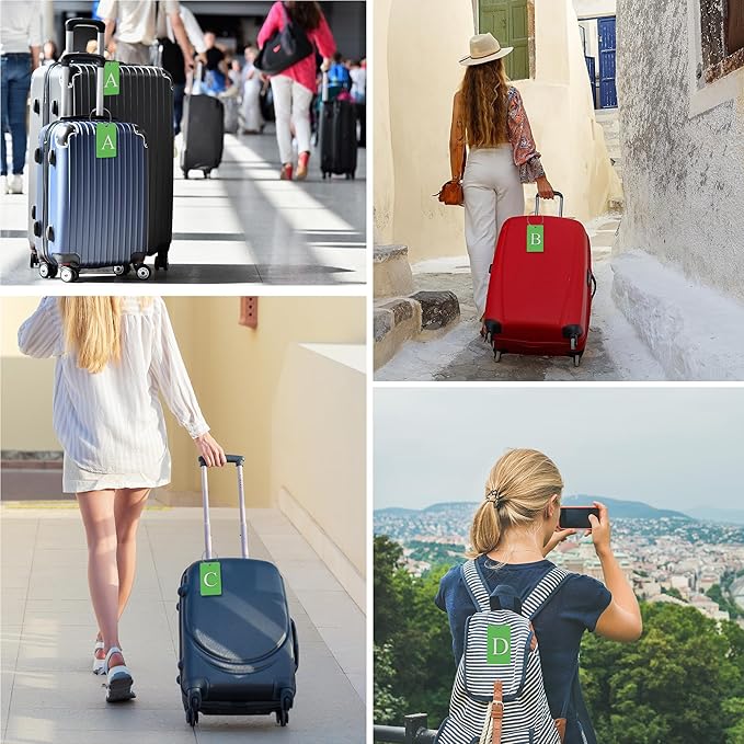 Gostwo 2 Pack Luggage Tags for Suitcases, 26 Initial Letter Travel Luggage Baggage Identification Labels ID Tag Fully Bendable Tags with Stainless Steel Loop (Green) (Letter M)