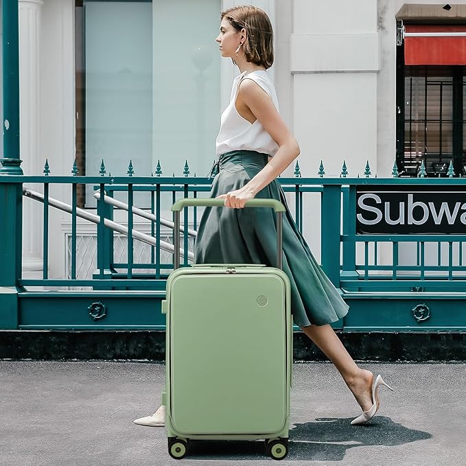 mixi Checked Luggage Wide Handle Luxury Design Rolling Travel Suitcase PC Hardside with Aluminum Frame Hollow Spinner Wheels, with Cover, 24 inch, Avocado Green