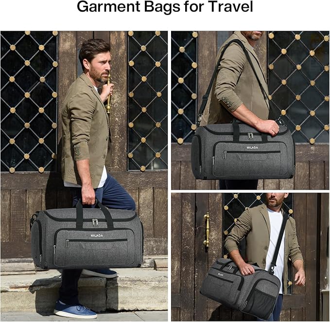 MILADA Convertible 2-in-1 Garment Duffel Weekender Bag Carry On Garment Bags for Travel Hanging Clothes Suit Bag Foldable Personal Item Business Overnight Bag with Shoe Compartment, Dark Grey
