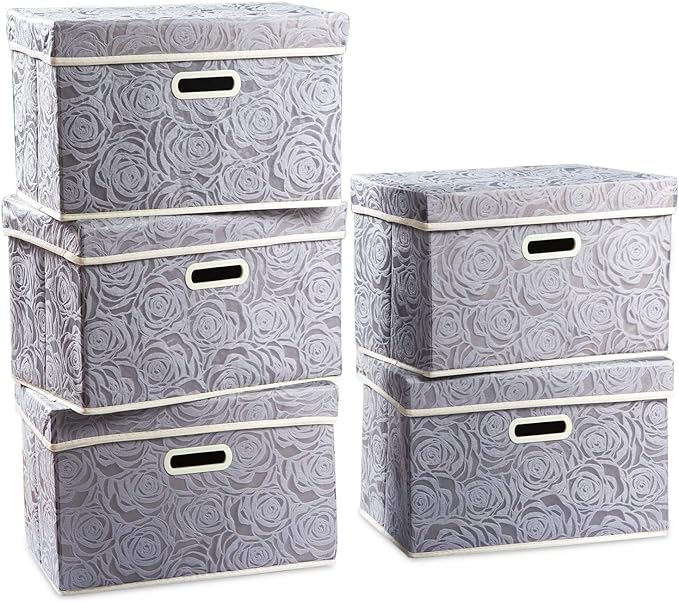 PRANDOM Foldable Storage Bins with Lids [5-Pack] Fabric Decorative Storage Box Cubes Organizer Containers Baskets with Cover Handles Divider for Bedroom Closet Living Room Grey 14.9x9.8x9.8 Inch