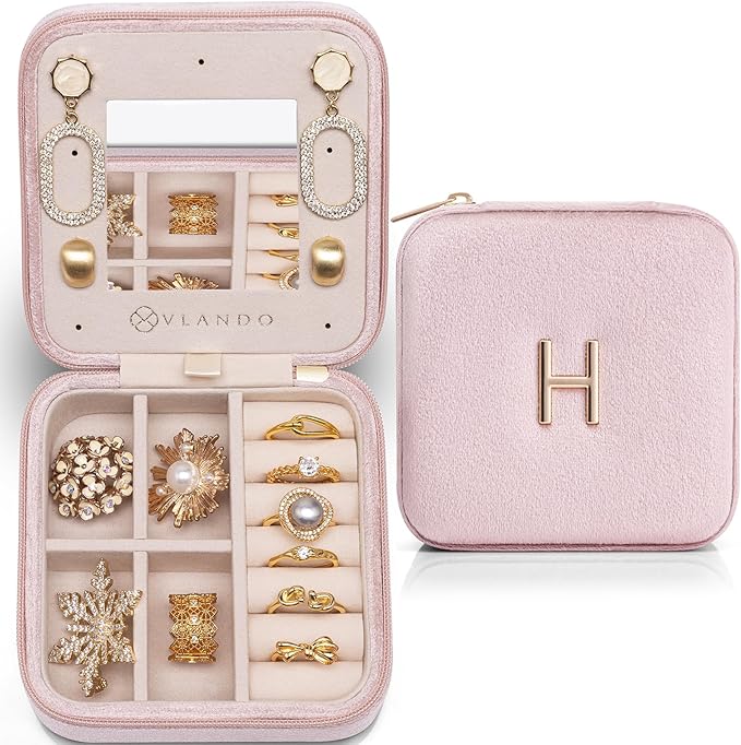 Vlando Jewelry Case for Girls & Women, Pink Travel Jewelry Box - Must Haves, Small Case for Travel & Gifts - Letter H