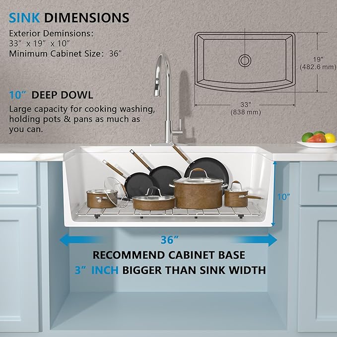 33x19 Farmhouse Kitchen Sink - Farm Curved Apron Front Ceramic Porcelain Fireclay Single Bowl Basin