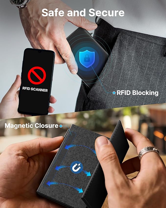 typecase Mens Wallet Card Holder: Pop Up Aluminum Case, Genuine Leather, Smart, RFID Blocking, Slim, Minimalist, Front Pocket - 9-14 Card Capacity | ID Window | Cash Slot (Deep Black)
