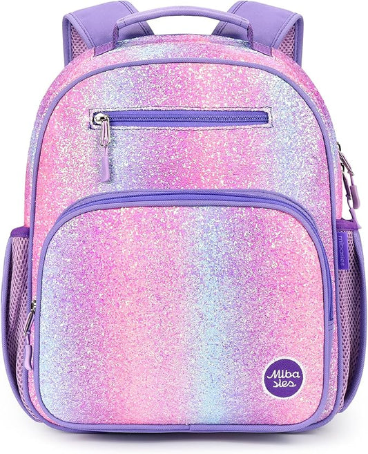 mibasies Girls Backpack 5-8: Glitter Kids Backpacks for Girls - Girl Bookbag for Elementary School - Purple