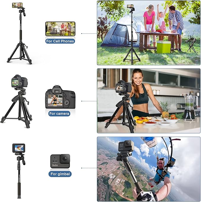 Camera Tripod 69 Inch, Patented 3-Way Swivel Portable Phone Tripod Professional Aluminum Alloy Travel Phone Camera Stand Monopod for Canon Nikon GoPro DSLR, DV Video Camcorder, Smartphone Black
