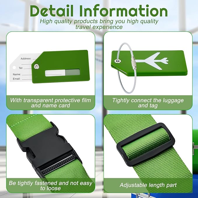 Weewooday 8 Pcs Luggage Straps Suitcase Tags Set for TSA Approved, 4 Travel Adjustable Suitcase Belt, 4 Silicone Luggage Tags with Name ID Card Travel Accessories(Green,Airplane)