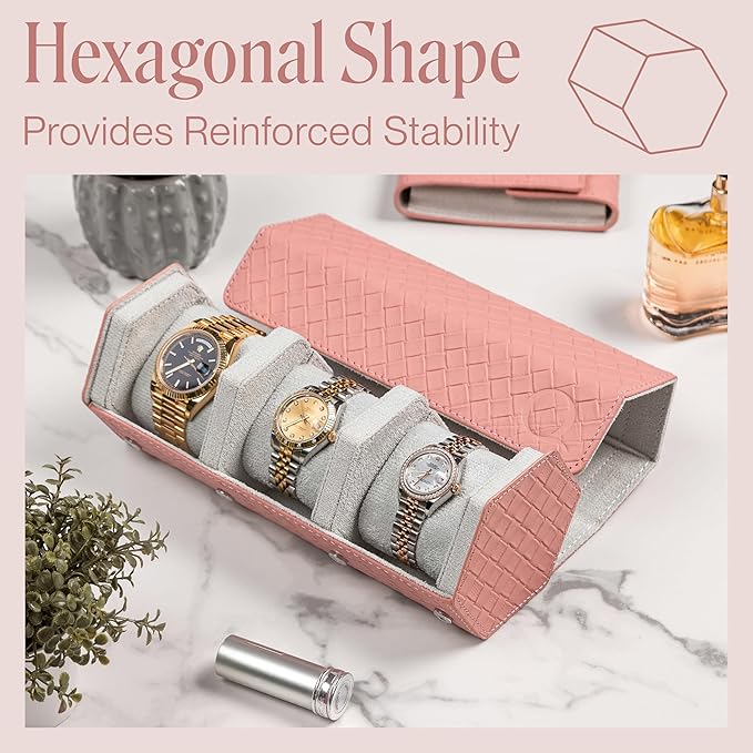 Ladies Leather Watch Rolls for Women - Hexagon Triple Watch Roll Travel Case for 3 Watches - Storage Organizer Genuine Leather with Velvet Interior Display (Woven Pink/Gray)