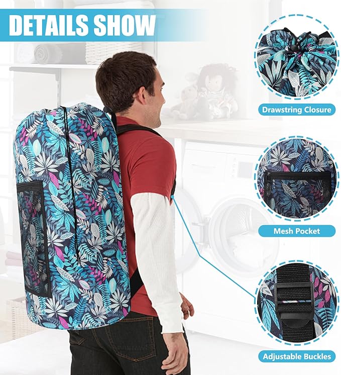 Portable with Adjustable Shoulder Straps Travel Dirty Laundry Bag,with Drawstring Closure & Mesh Pocket Backpack Laundry Bag for College,Apartment,Camping(Green Leaf)